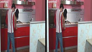 In a 3d kitchen, the husband engages in oral sex with his brunette wife