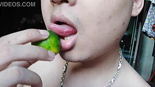 Licking and teasing in solo Chinese playtime.