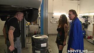 Tattooed cutie Elise gets her arse fucked in the garage