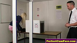 Blonde slut passionately gives sloppy blowjob in blowbang.