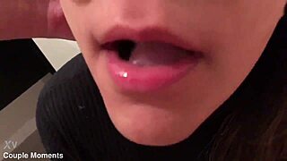 The slut eagerly swallows cum from the blowjob