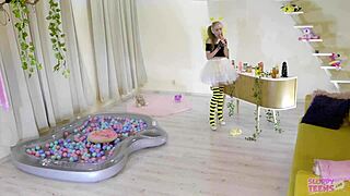 petite girl in bee costume feels emotional sucking cocks