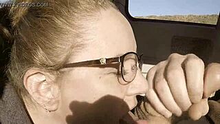 Nerdy Milf Sucks Cock in Parking Lot With Cum Wipe