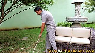 brazilian brunette gives blowjob to gardener