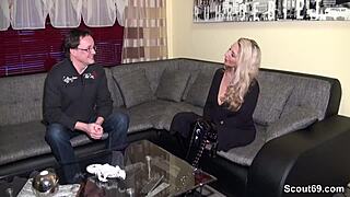 On Scout69, a mature German woman meets a random man, who engages in a passion filled, wearing lingerie, stockings and a cumshot