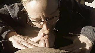 Nerdy Milf Sucks Cock in Parking Lot With Cum Wipe