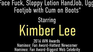 Kimber Lee gets a footjob and has it cumshot into her while wearing boots