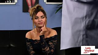 Voyeur beauty teases and humiliates wanking sub in office