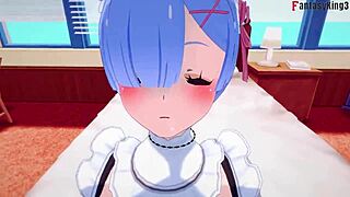 POV anime fantasy cartoon maid Rem teases with her big boobs