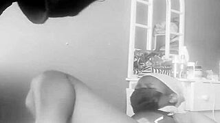 Ebony babe gets missionary blowjob and cum on ass.