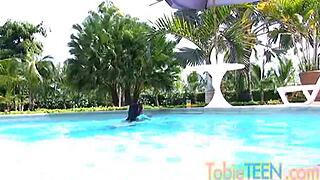Tobie teen 18+ intensely masturbates by the pool with small tits