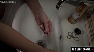 Sexy blonde shaves wet pussy while teasing with big tits