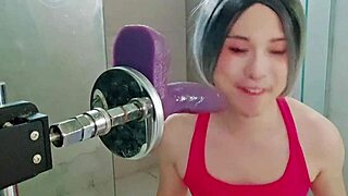 Using a dildo machine, gay amateur receives deep throat training