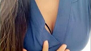 Adventurous cleaning assistant enters bathroom and shows her big tits