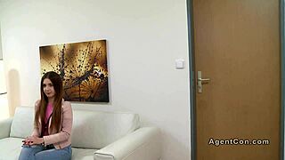 small tits brunette boldly masturbates on office sofa during interview