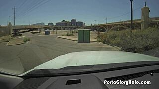 Wow, black girl at porta gloryhole sucks tons of white dick in public spot! 😲