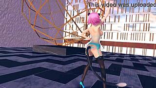 Pink cat in lingerie with huge tits