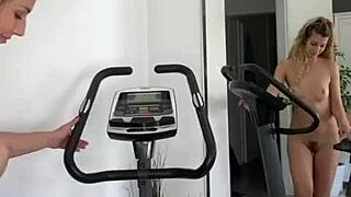 Funny amateur blonde fitness using a dildo on a stationary bike amid quarantine