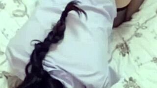 Asian girlfriend in black silk gets bent over for bareback action.