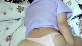 Asian girlfriend in black silk gets bent over for bareback action.