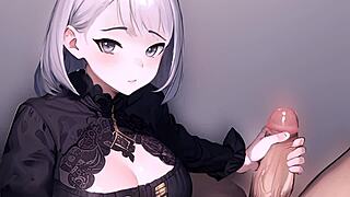 Anime girl jerks off a big monster cock in pov view