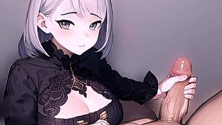 Anime girl jerks off a big monster cock in pov view