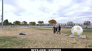 Soccer cuties suck older coach's cock