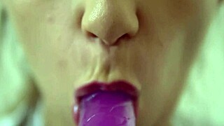 I am a teen sucking on a dildo in this close up solo session