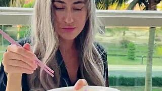 sexy beauty girl model chopsticks and exotic fruits