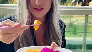 sexy beauty girl model chopsticks and exotic fruits