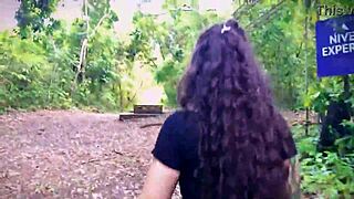 Public pee and walk in the woods but with curly haired brunette