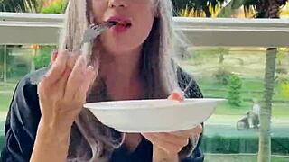 sexy beauty girl model chopsticks and exotic fruits