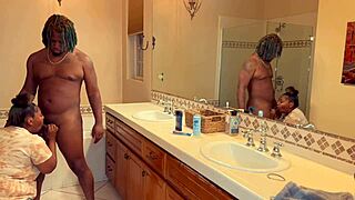 Ebony stepsister gives sloppy blowjob at pool.