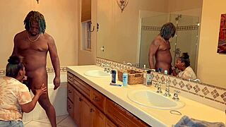 Ebony stepsister gives sloppy blowjob at pool.