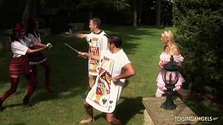 sexy blonde sharing cocks with friend outdoors