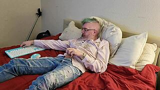 Feeling the huge cock through clothes leads to intense orgasm