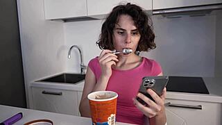 Darcy Dark Eats Ice Cream In The Kitchen While Masturbating Her Pussy