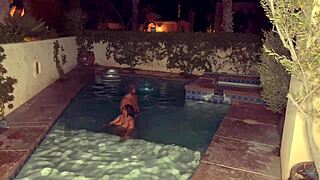 Ebony stepsister gives sloppy blowjob at pool.