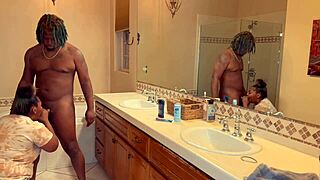 Ebony stepsister gives sloppy blowjob at pool.