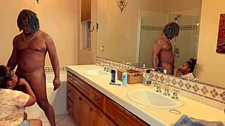 Ebony stepsister gives sloppy blowjob at pool.