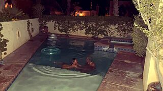 Ebony stepsister gives sloppy blowjob at pool.