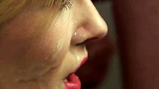 Horny hottie receives cum load on face while sucking jism