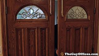 Watch muscular hunks in uniform get anal at office?