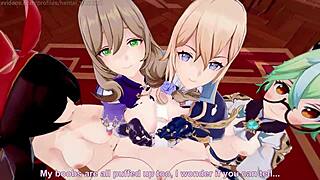 Blonde hentai girl receives blowjob and footjob in 3D!