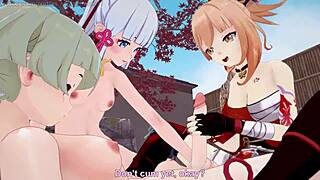 Blonde hentai girl receives blowjob and footjob in 3D!