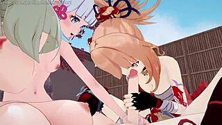 Blonde hentai girl receives blowjob and footjob in 3D!