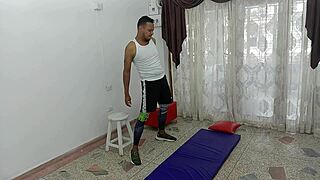 My stepdaughter and I exercise with intense doggystyle creampie in the living room