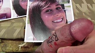 Jeff masturbates to Rachel, shooting cum on her image