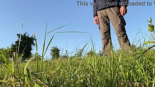 sexy milf bends over, showing huge ass and pissing in nature?