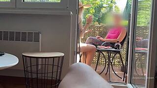 Husband Jerks Off Publicly Near Stepmom on Balcony